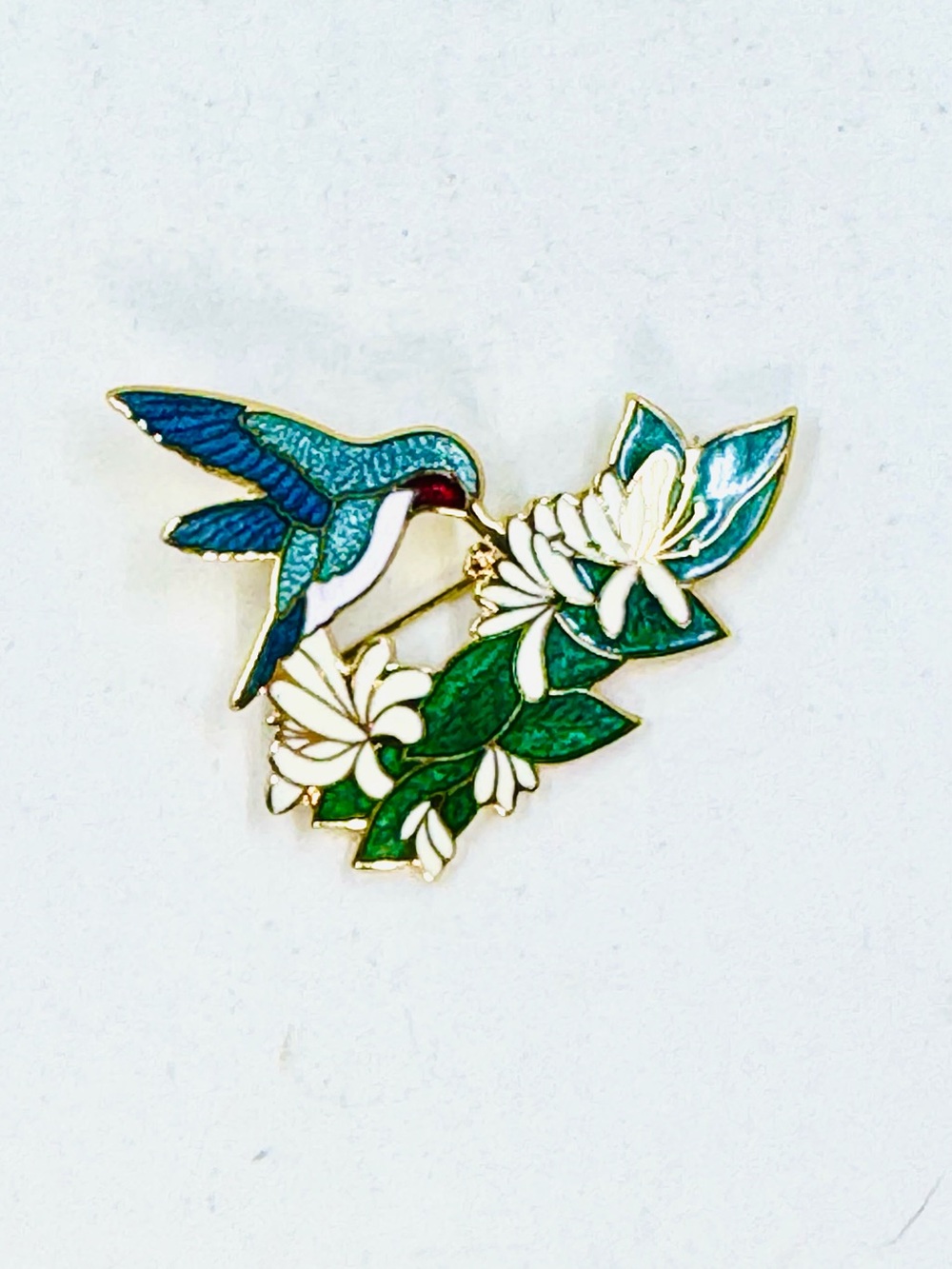 Gold Tone Aqua Blue Hummingbird & White Flower Enamel Pin Brooch 2.25”X1.5”